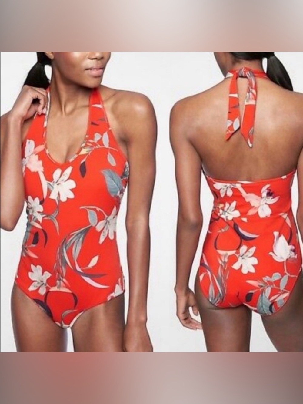 Athleta Size M Orange Black Floral Waimea Plunge Halter One Piece Swimsuit NEW! - Picture 2 of 5